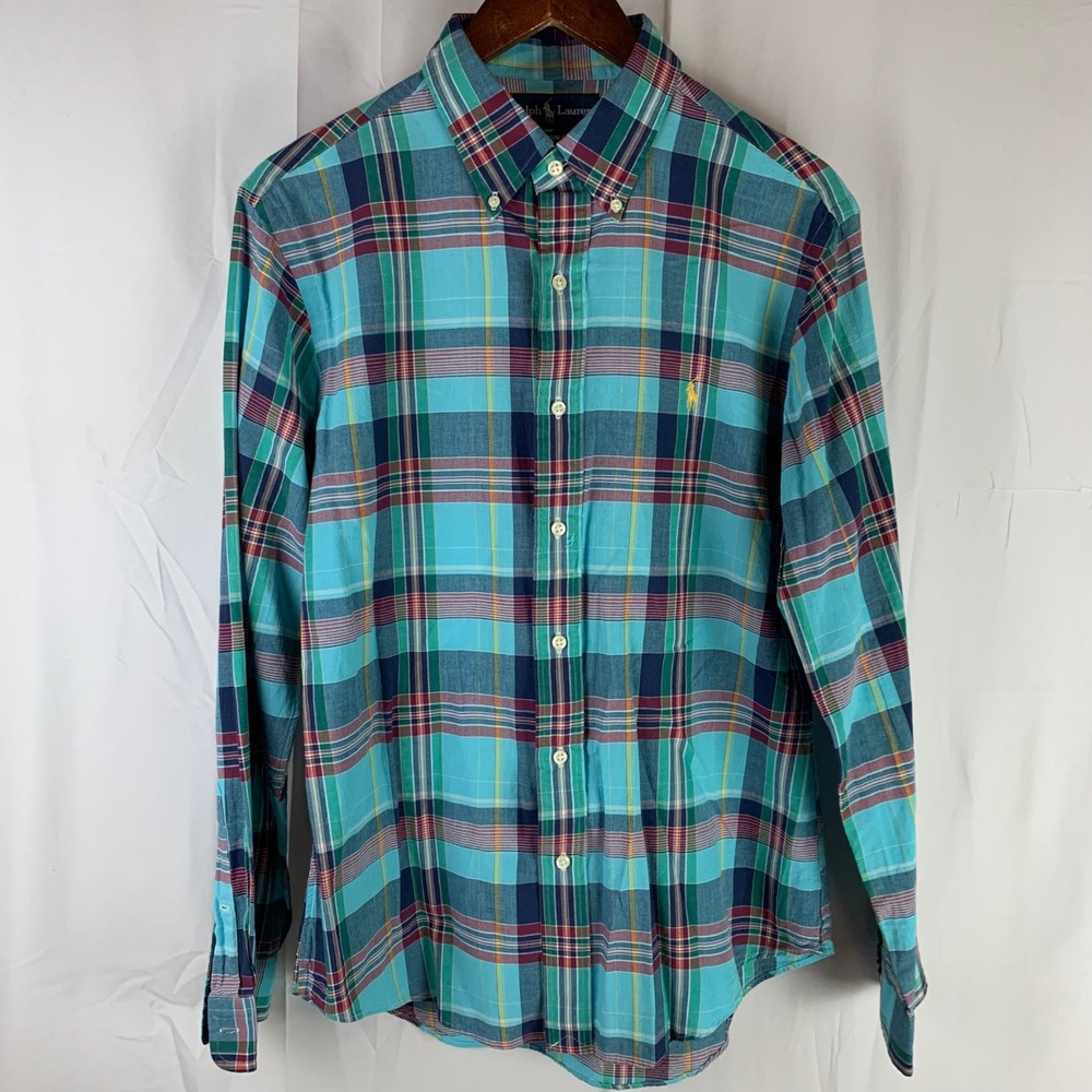 Ralph Lauren Button Down Men Medium Turquoise Plaid Custom Fit Long Sleeve Shirt
